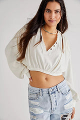 FREE PEOPLE Henley Neck DARREN Billowy Crop Top