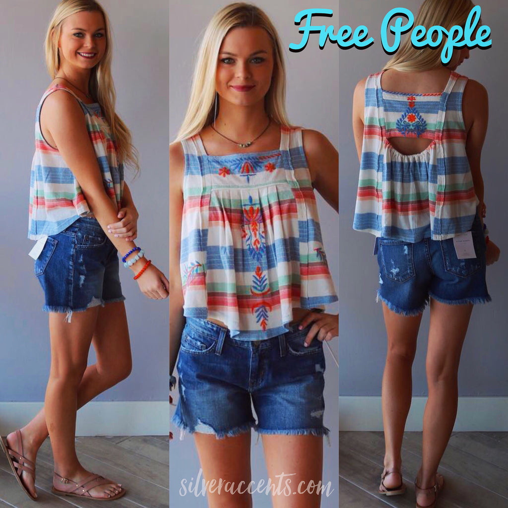 FREE PEOPLE Embroidered VINTAGE STRIPE Swing Tank Top – Silver Accents