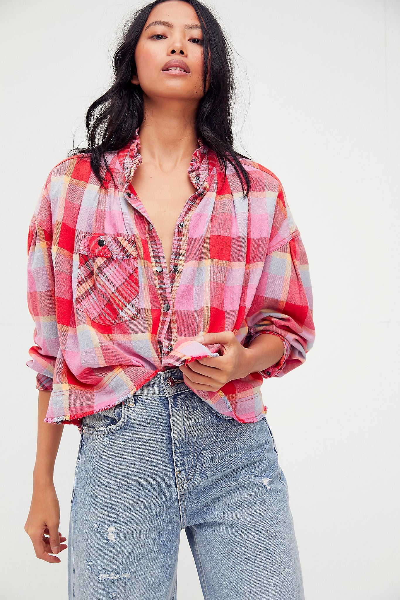 FREE PEOPLE Plaid EMILY ButtonDown WaistCrop Top