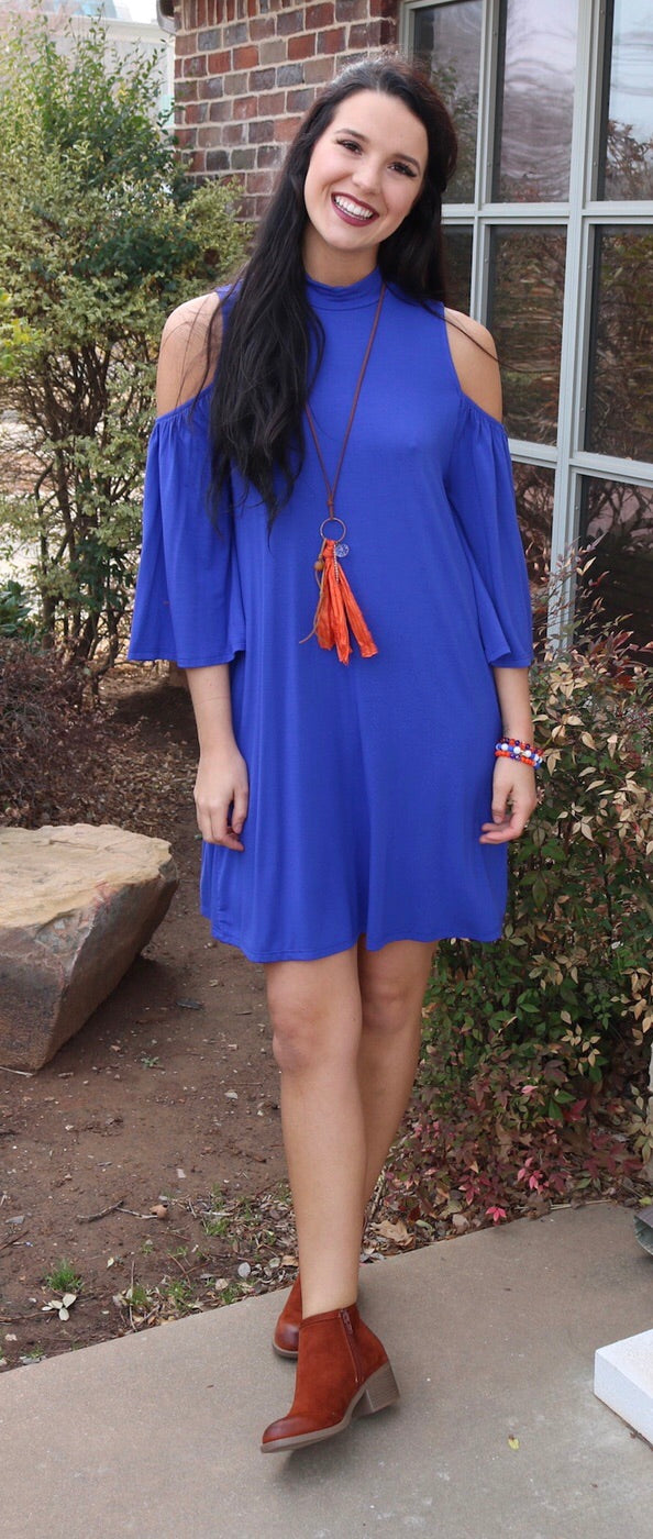 PEAKED MockNeck OpenShoulder Knit Shift Dress