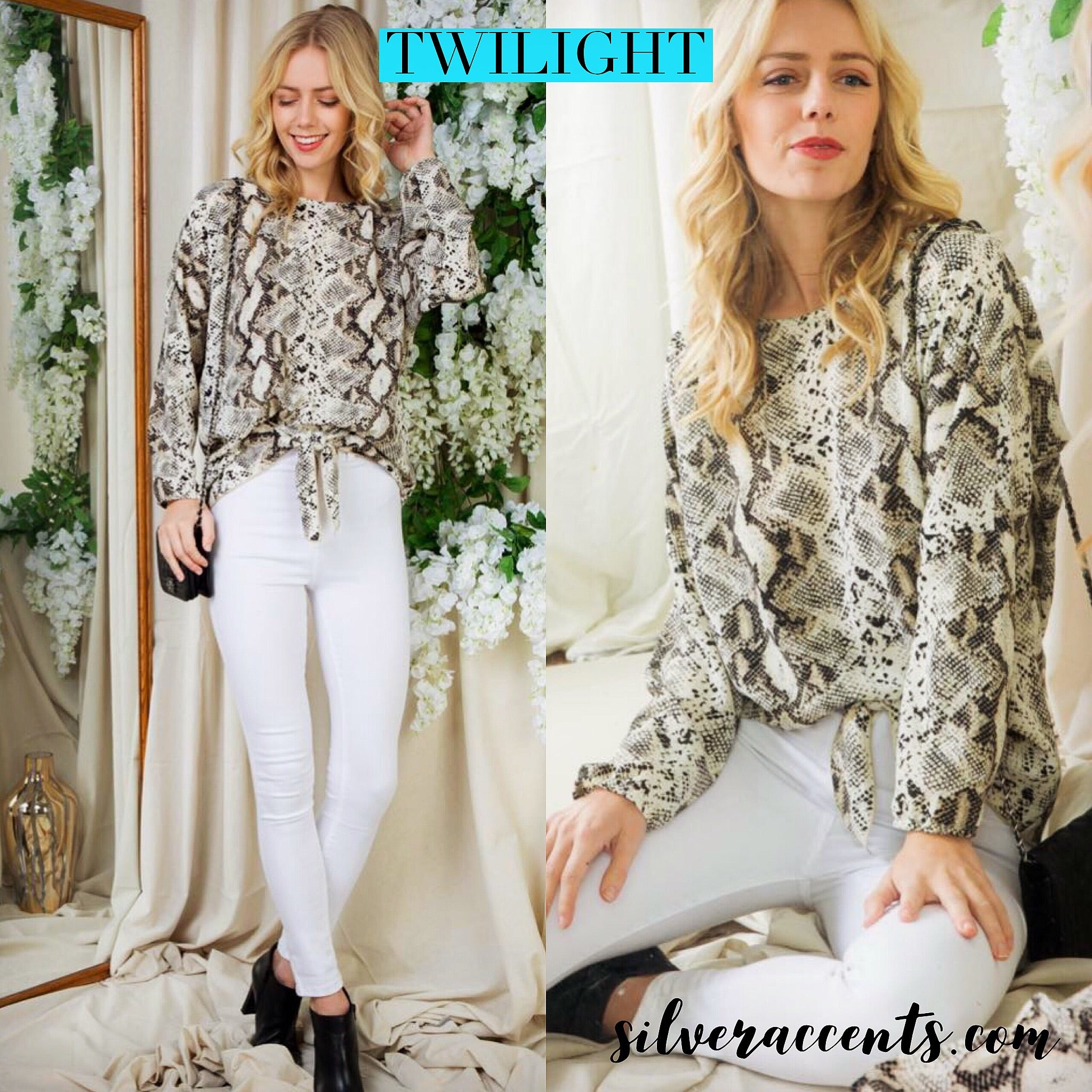 TWILIGHT Python Print TieBottom BoatNeck Woven Top