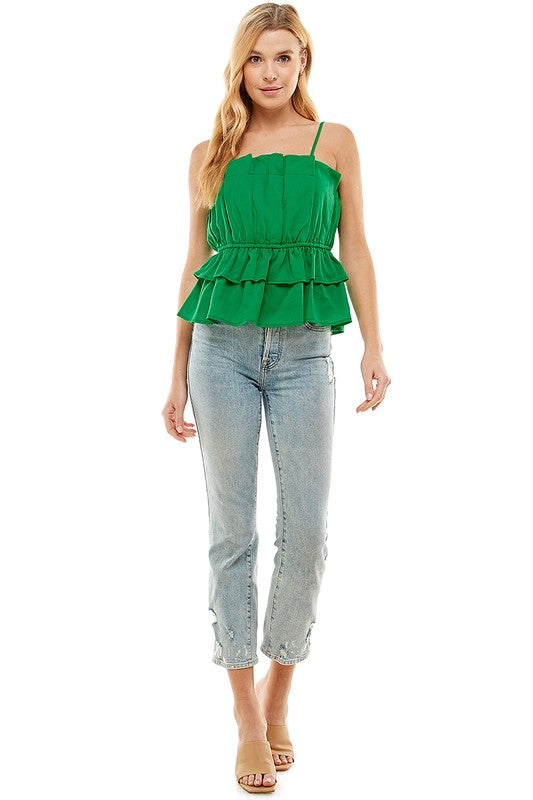 BLOOM Pleated Ruffle Bust SpaghettiStrap Poplin Top