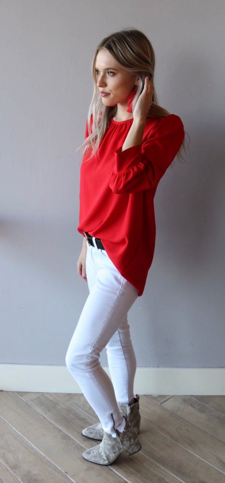 PRIORITY CuffSleeve Shirred Neck Woven Top