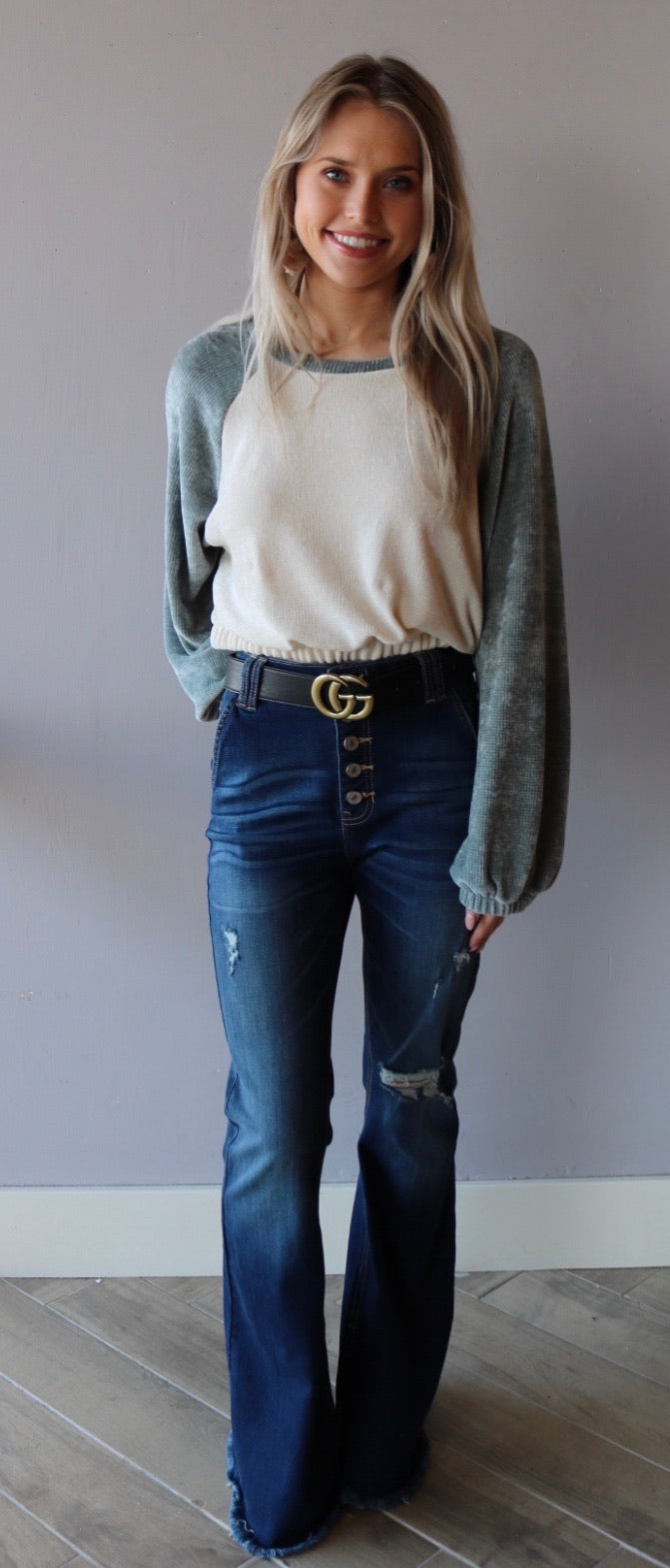 REPRIEVE Raglan Sleeve Chenille WaistCrop Knit Top