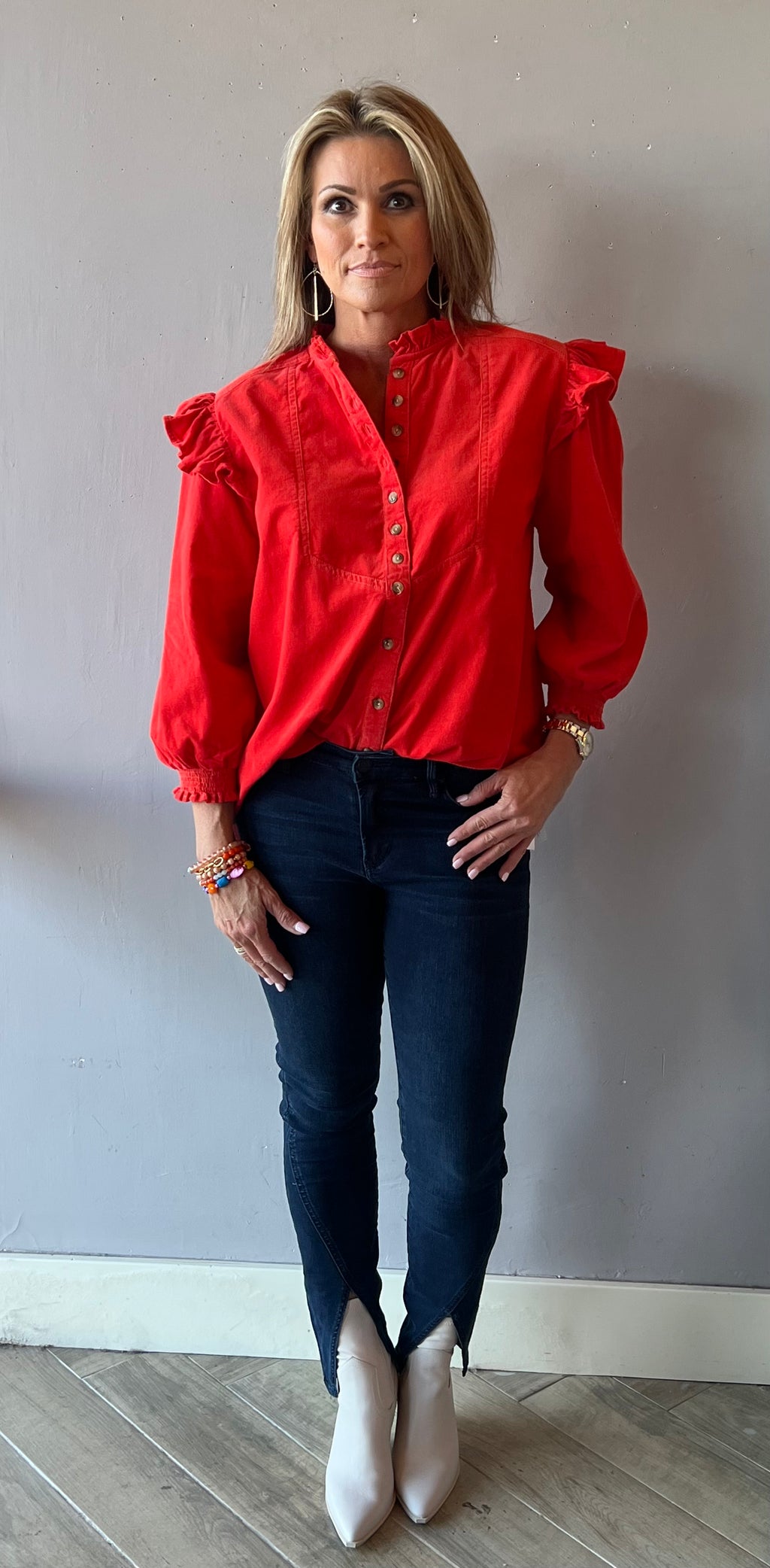 IVY JANE Corduroy FRIDAY Flounce~Shoulder ButtonDown Top
