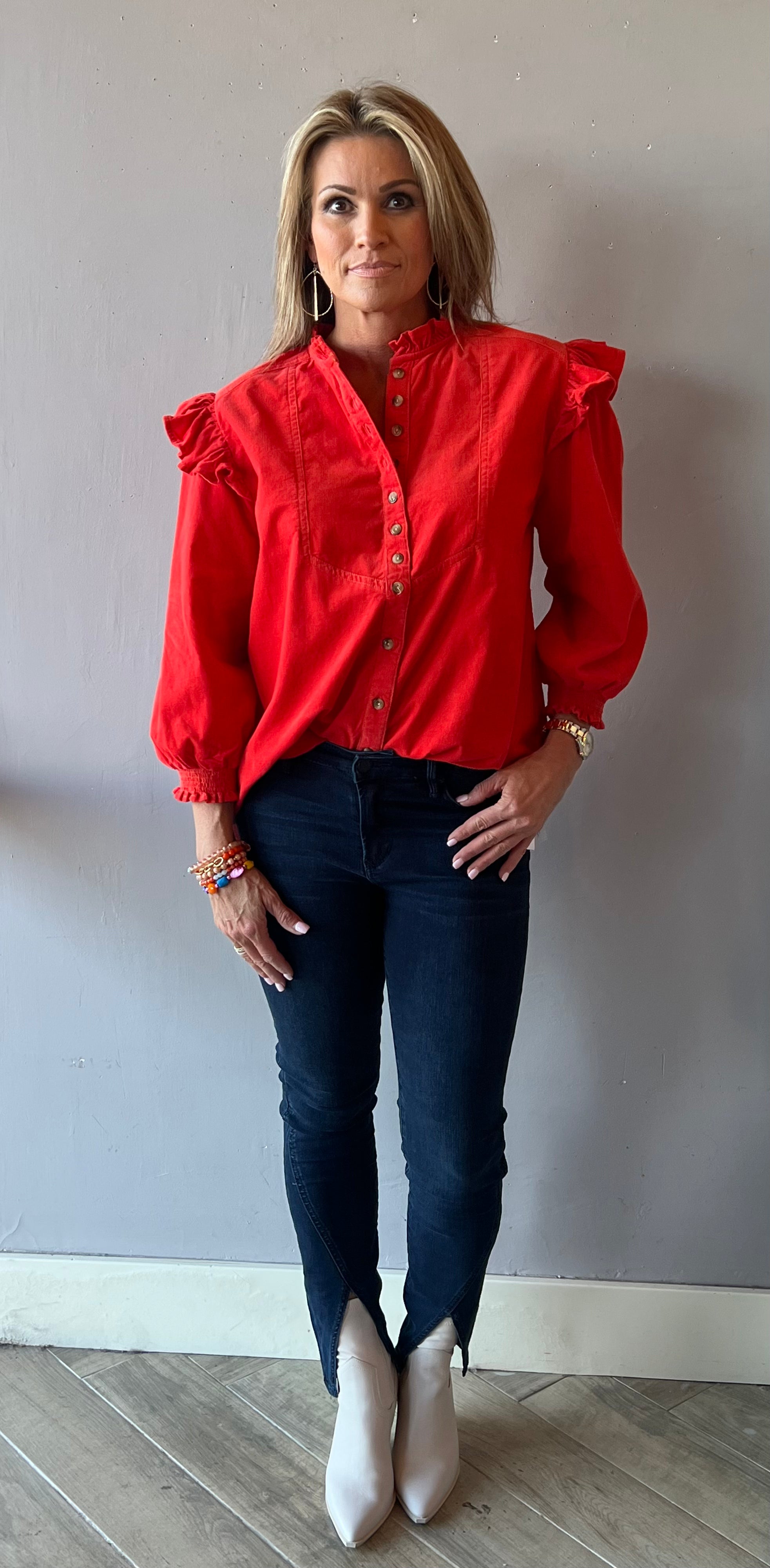 IVY JANE Corduroy FRIDAY Flounce~Shoulder ButtonDown Top