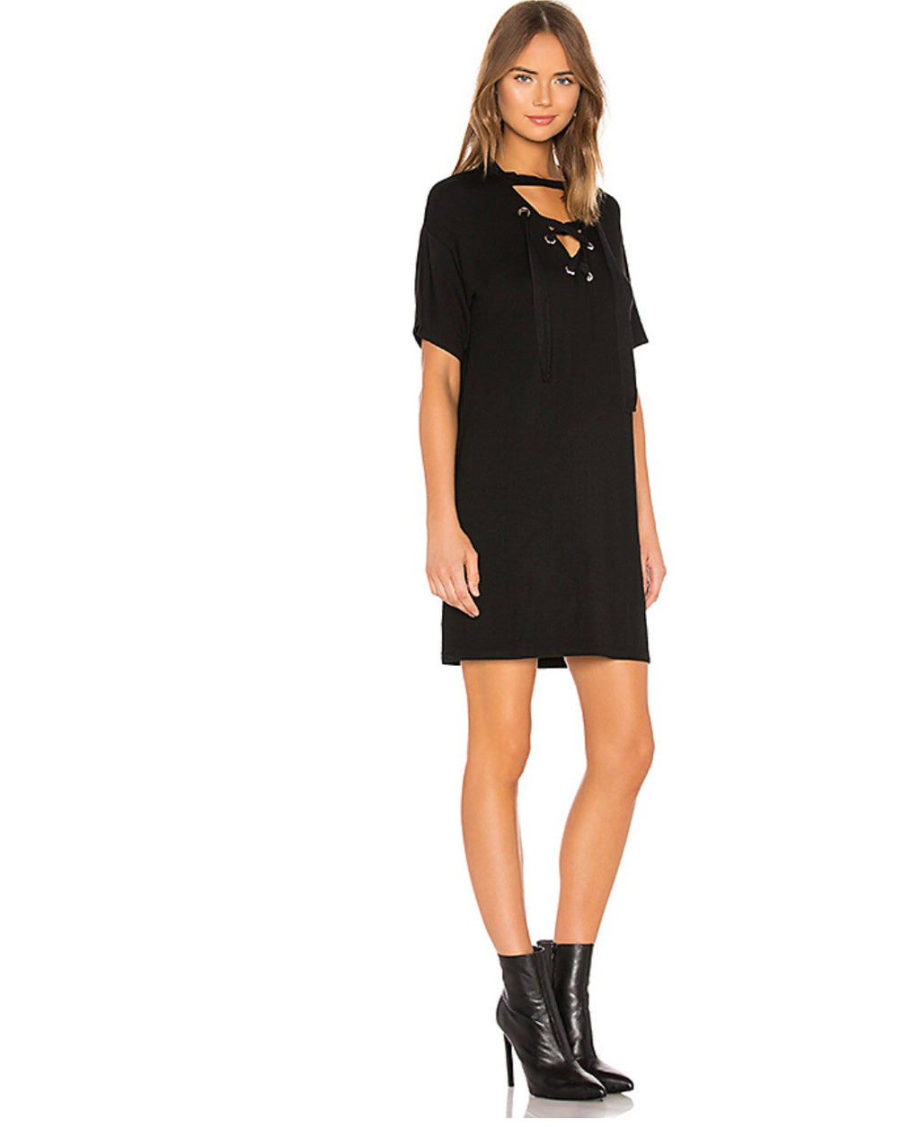 BOBI GOALS Lace Up V-Neck Mini Dress