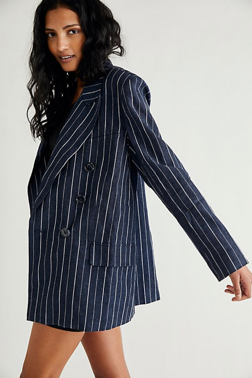 FREE PEOPLE Navy Combo ASHBY Pinstripe Blazer Jacket