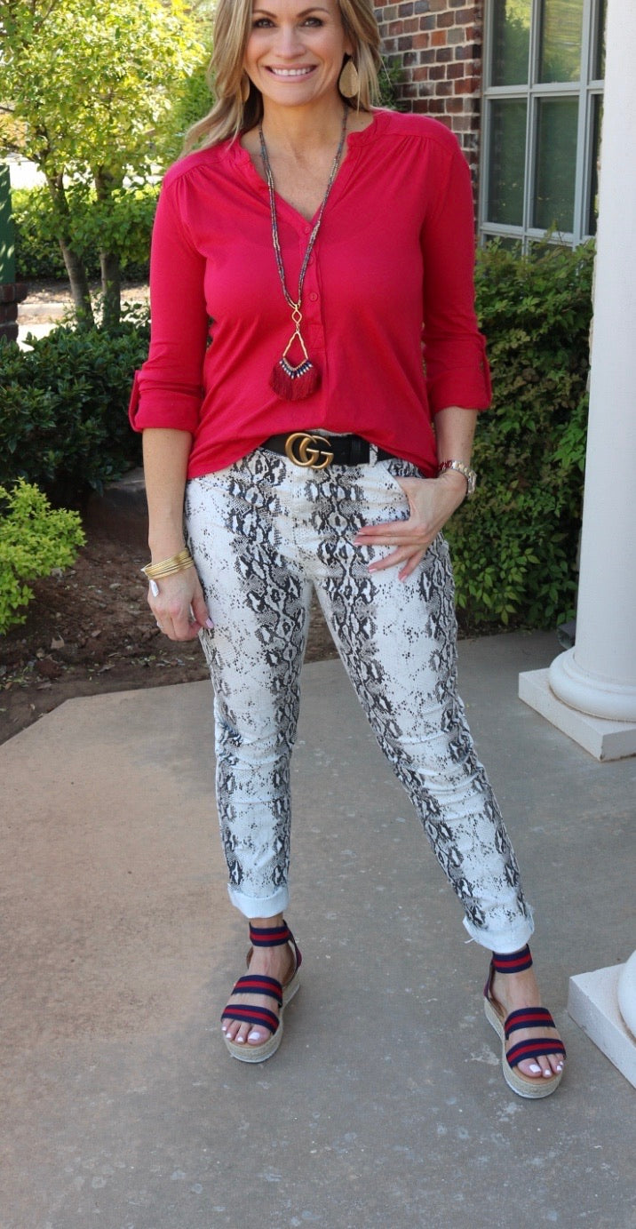 BOBI Crimson CLARITY Shirred Button HenleyNeck Jersey Top