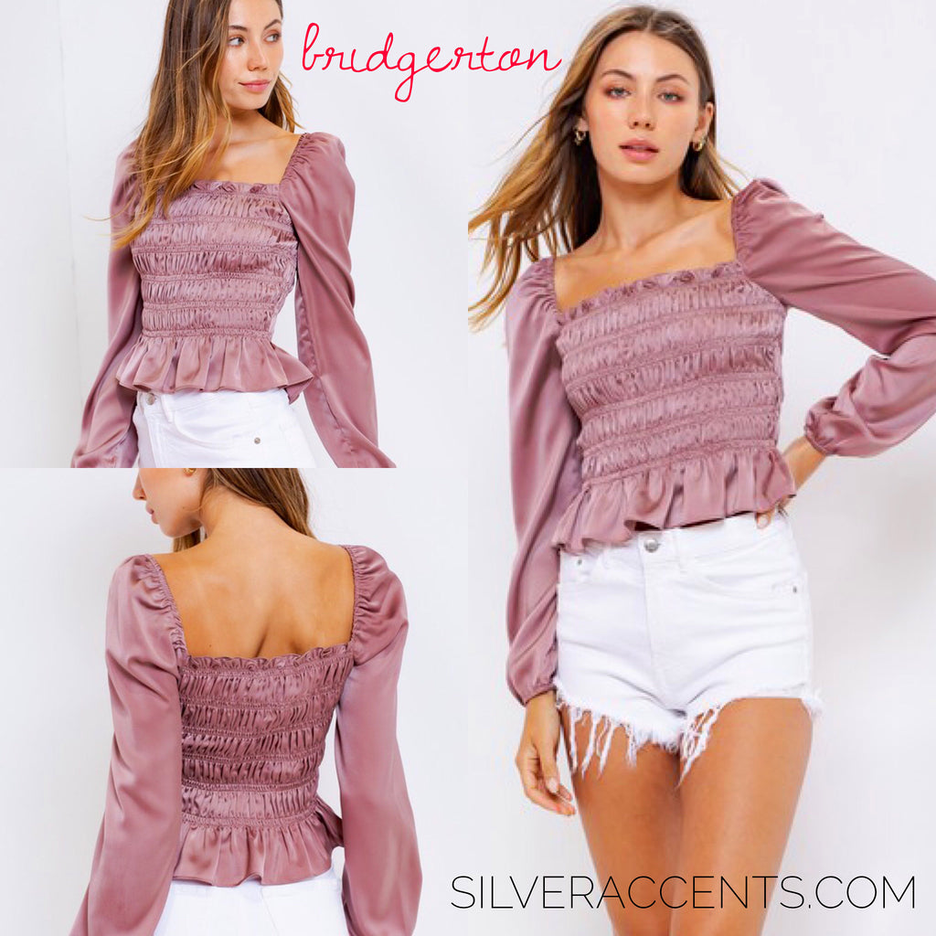 BRIDGERTON SquareNeck Shirred PuffSleeve Satin Top