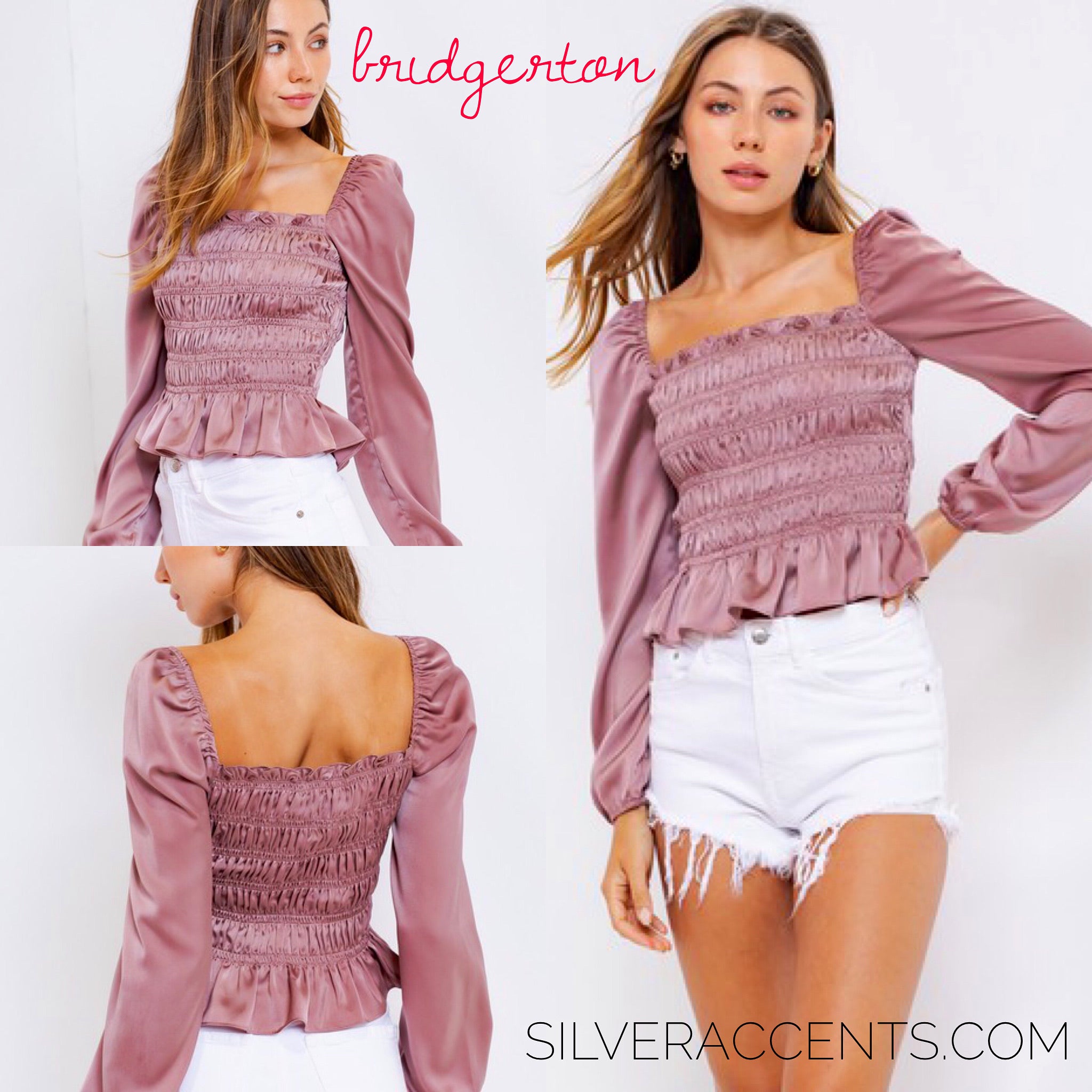 BRIDGERTON SquareNeck Shirred PuffSleeve Satin Top