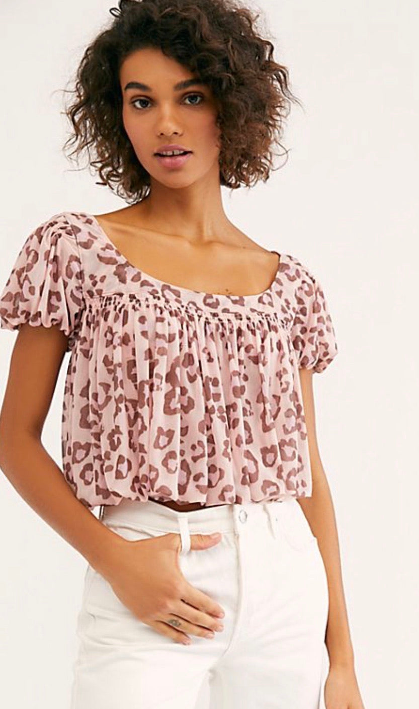 FREE PEOPLE Mesh MEG’S BLOUSE Animal Print BubbleHem Top