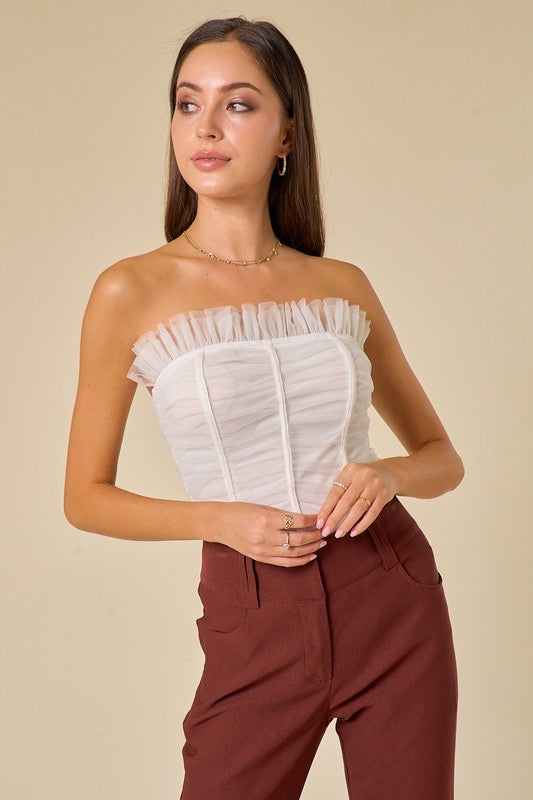 CHARADE Strapless Rouched Tulle Bodysuit