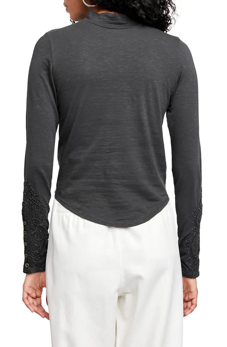 FREE PEOPLE Embroidered HOOKED ON YOU CUFF MockNeck Top