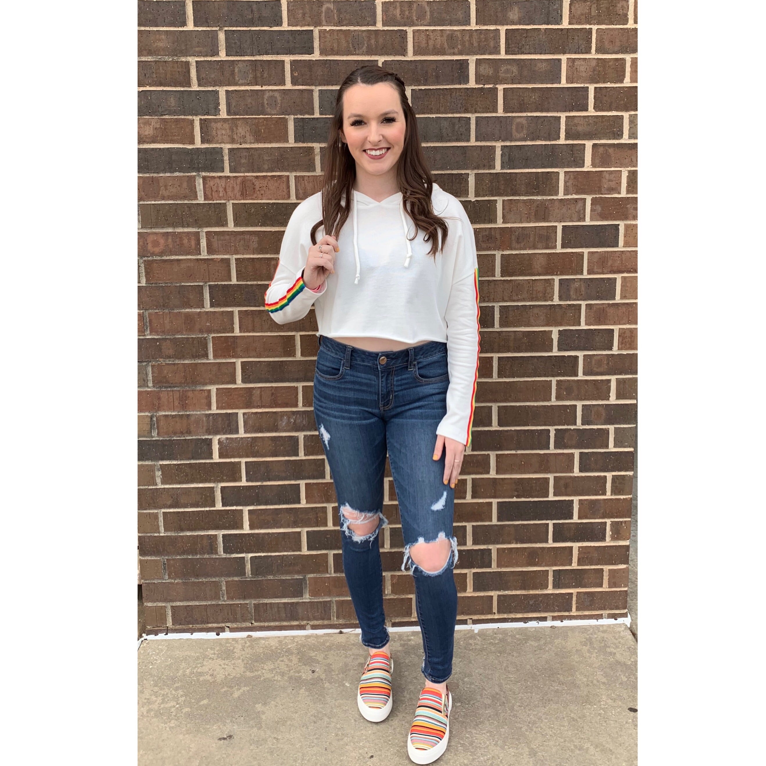 GLEE StripeSleeve French Terry RawHem Crop Hoodie