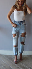 KC TAYLOR Cinch Waist Distressed Mom Jeans