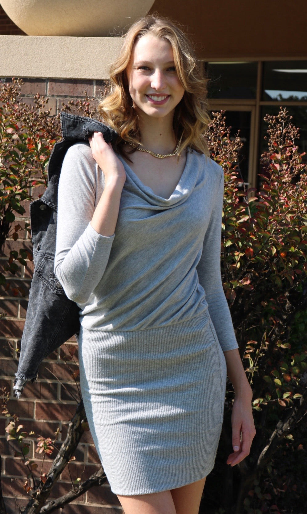 MICHAEL STARS BrushJersey CECILE CowlNeck RoucheBottom Dress