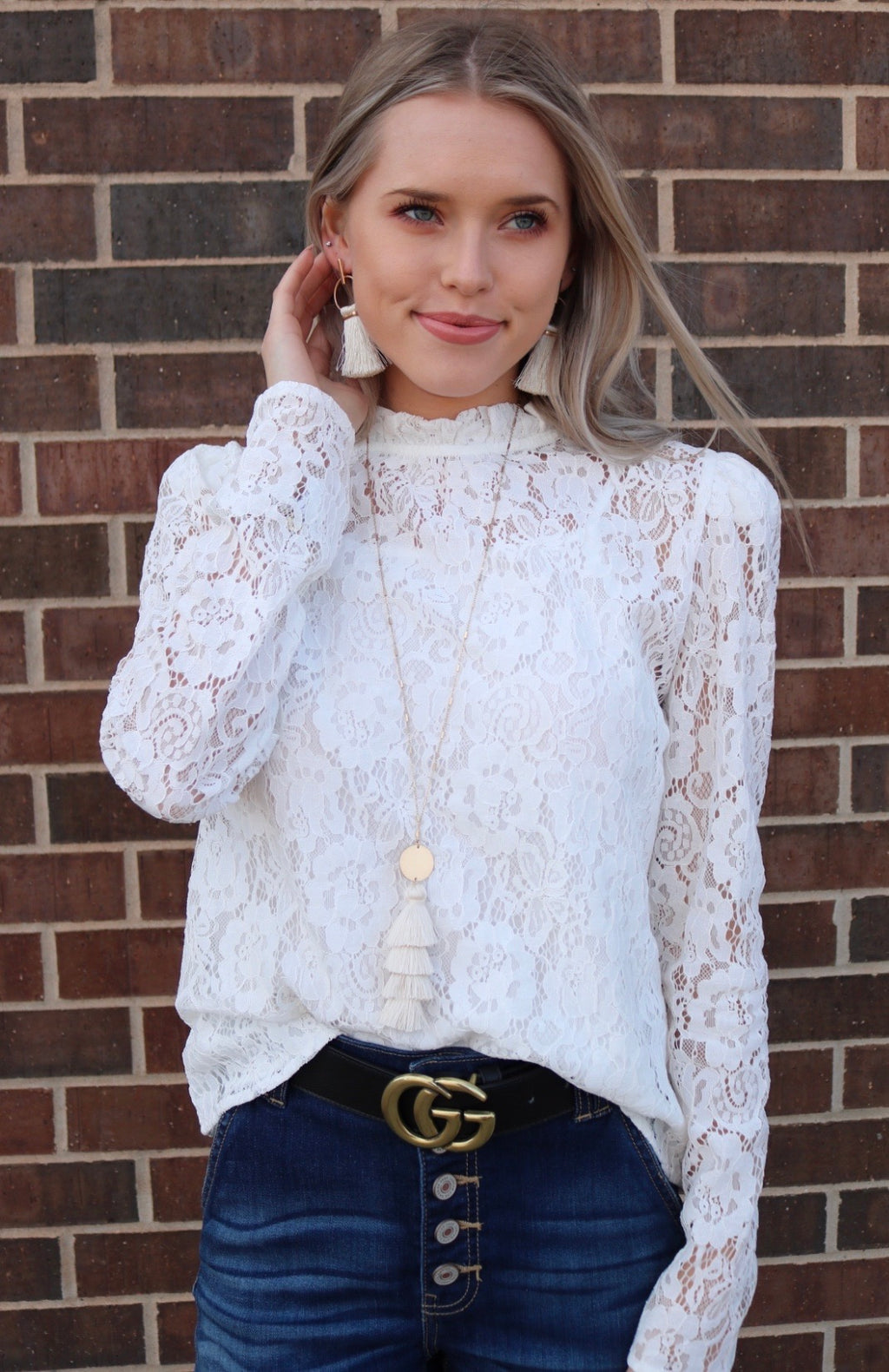 Mittoshop ARTFUL Lace Gathered MockNeck PuffSleeve Top