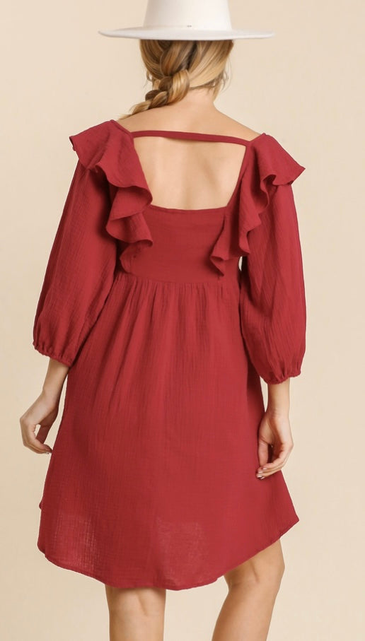 *LINKS 3/4 RuffleSleeve SmockBust Gauze Dress