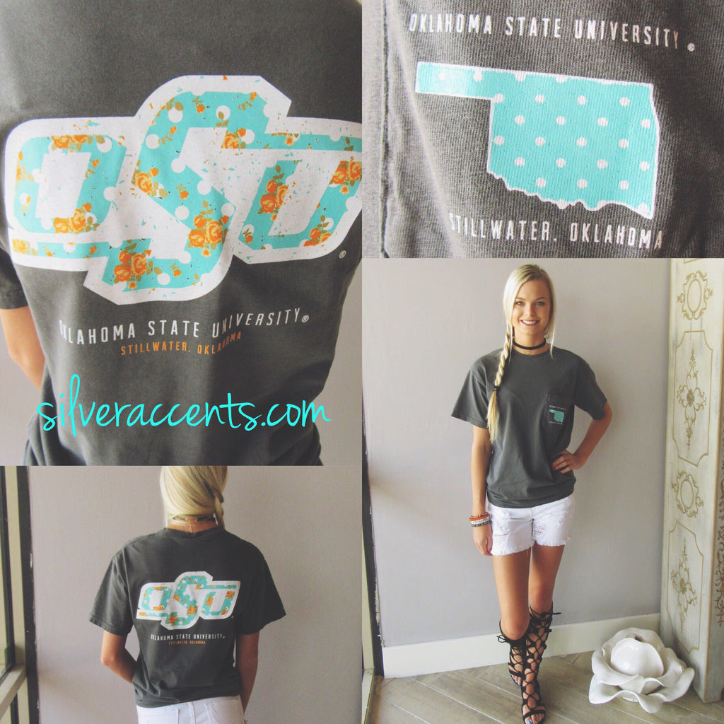OSU Teal Floral Logo Comfort Colors Short Sleeve Tee Top
