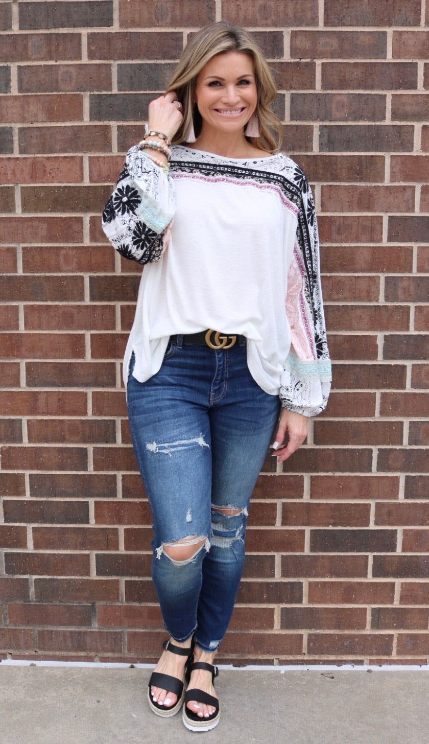 FREE PEOPLE Boho TRIPOLI Embroidered/Print Tunic Top