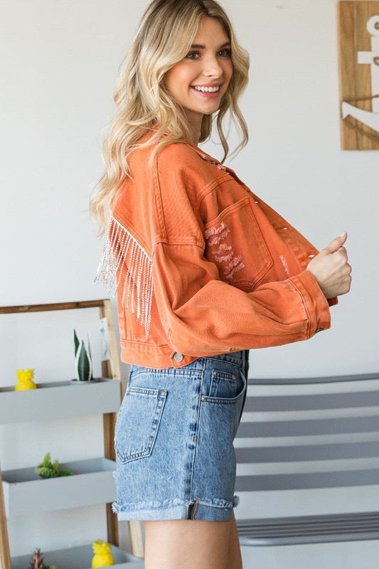 Cropped RODEO Rhinestone Fringe Denim Jacket