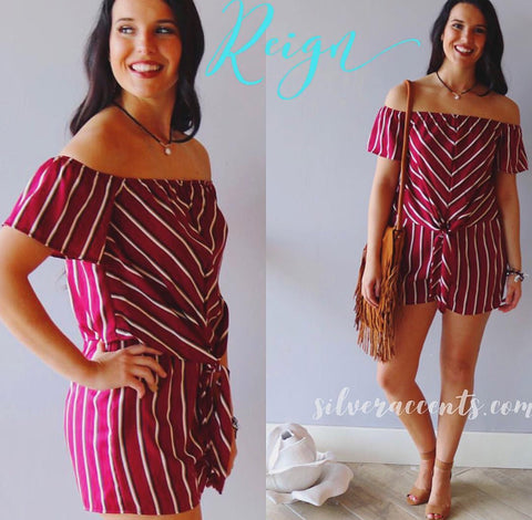 REIGN Stripe OffShoulder TieFront Short Romper