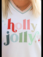 JADELYNN BROOKS Embroidered HOLLY JOLLY Rib~Knit Fleece Sweatshirt