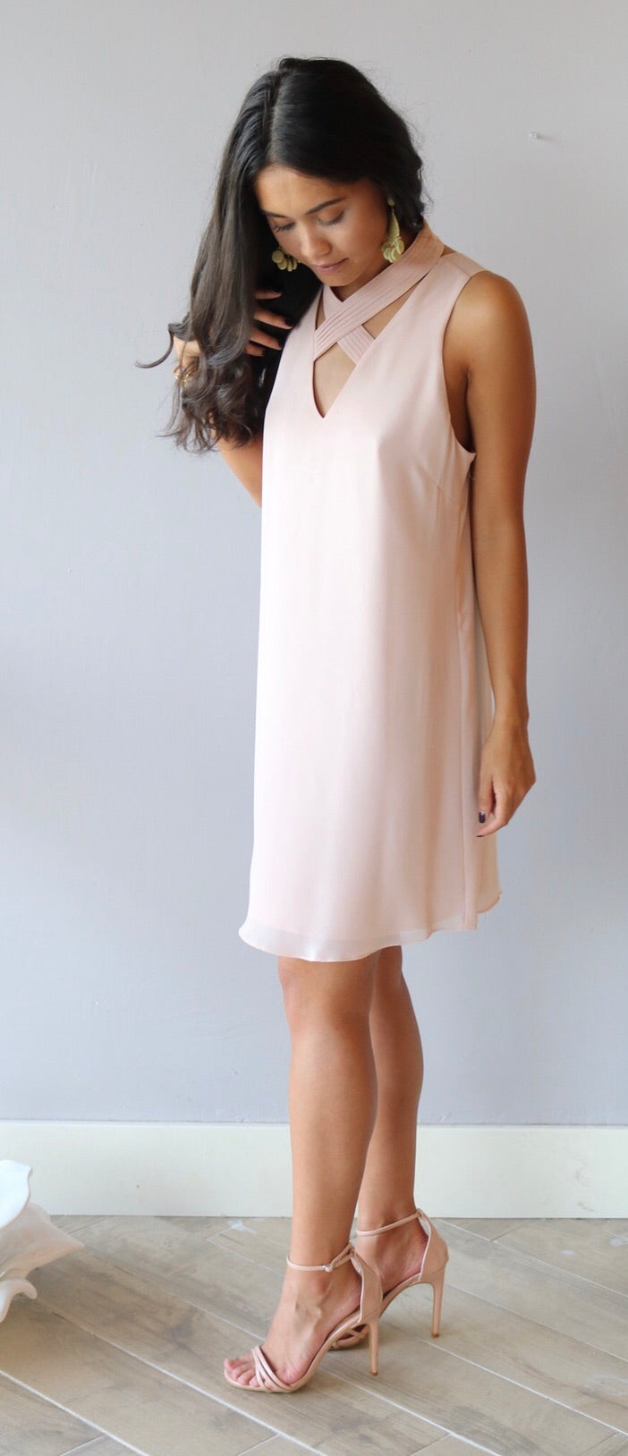 EMPHATIC Pleated CrossNeck Chiffon Shift Dress