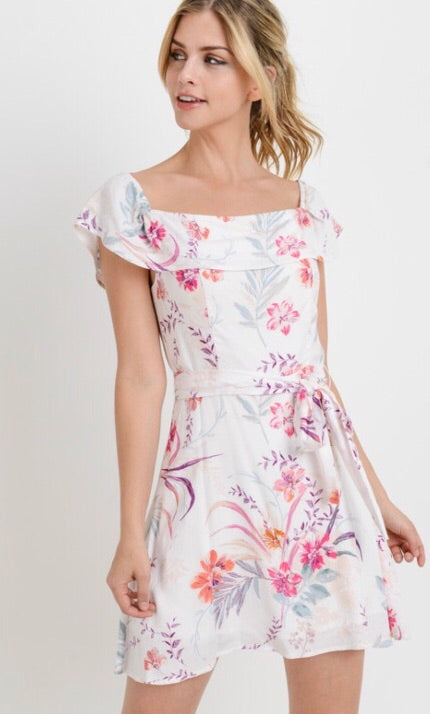 PAPER CRANE Floral HAVEN Ruffled OffShoulder TieWaist Dress