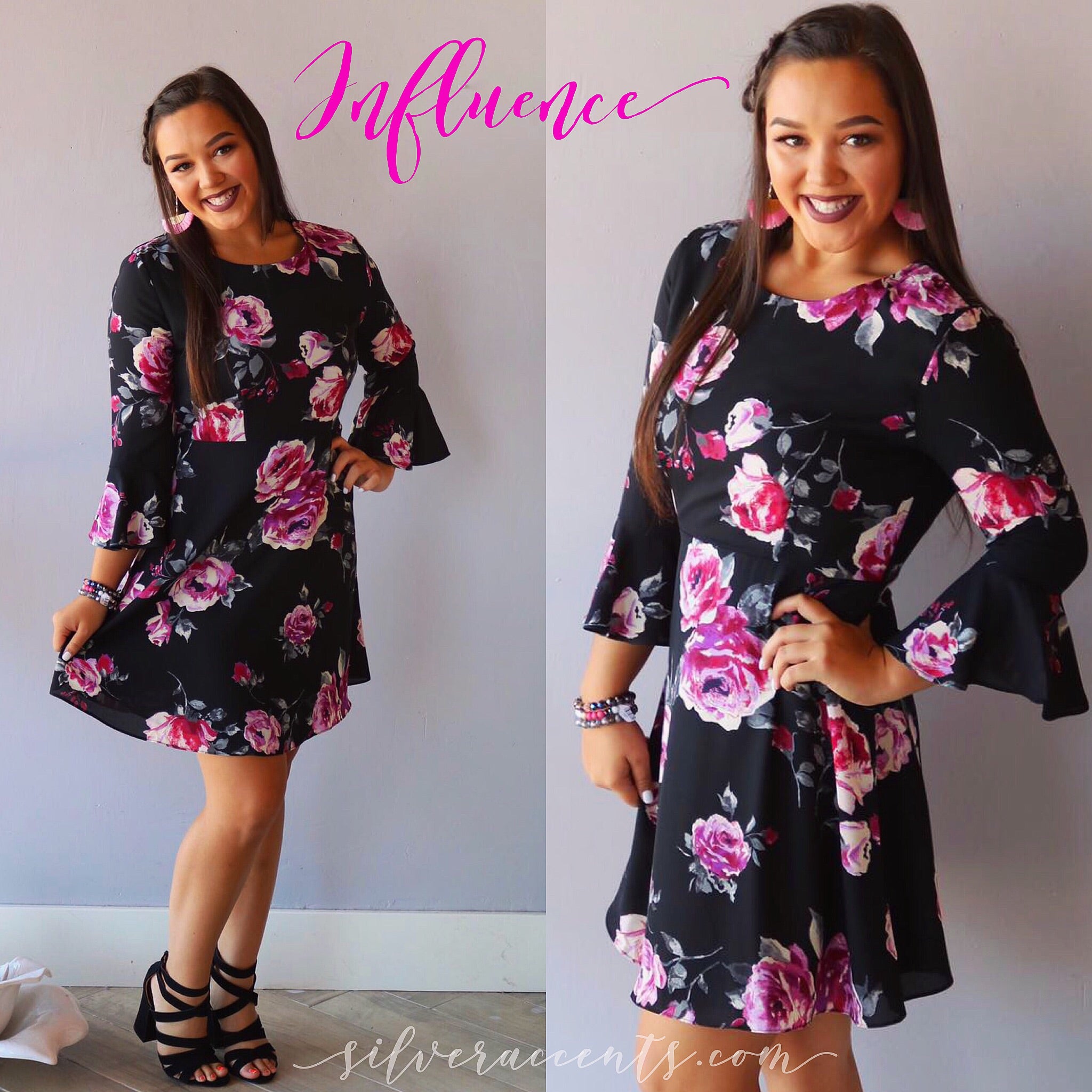 INFLUENCE Floral 3/4 BellSleeve Fit & Flare Dress