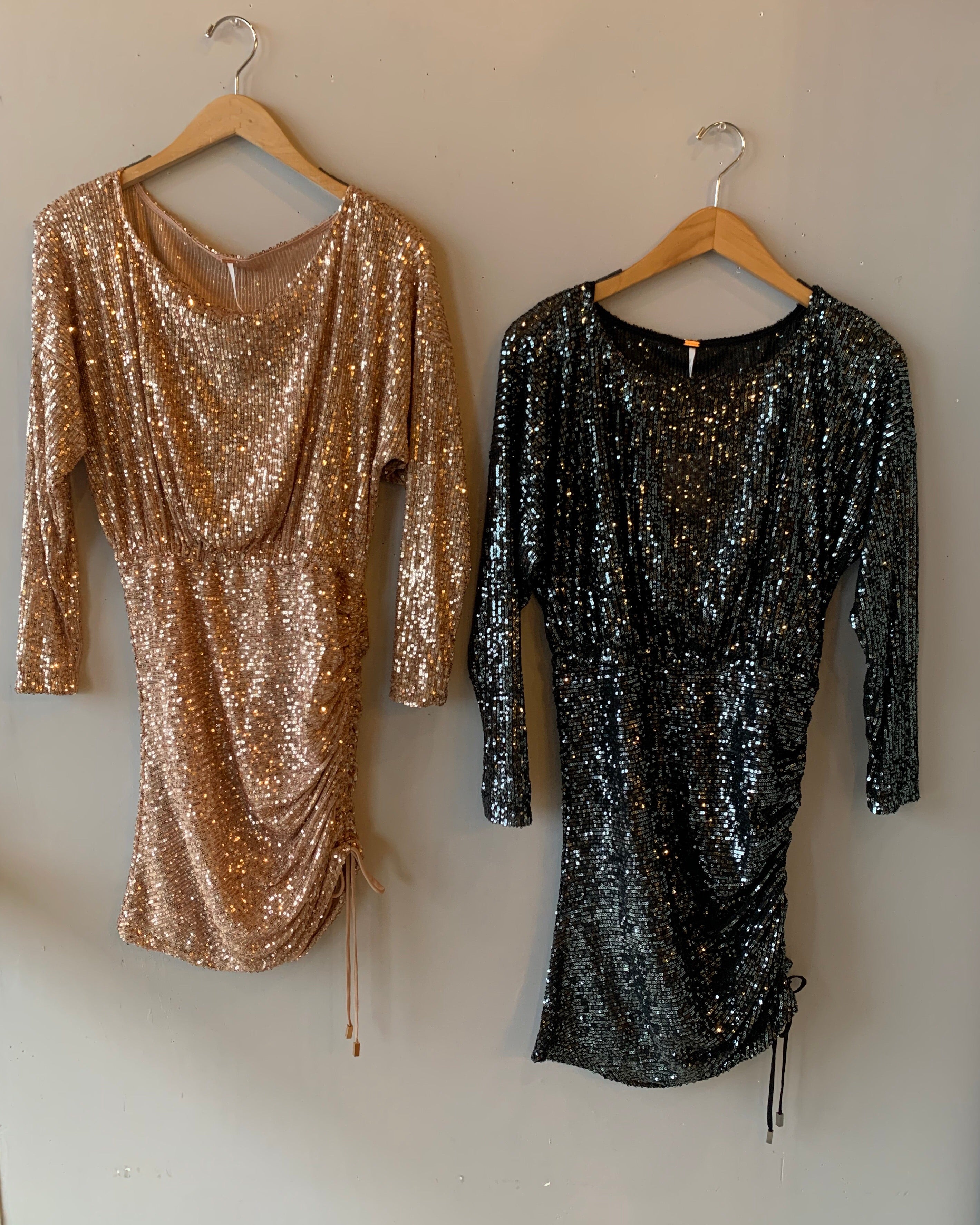 FREE PEOPLE Sequin GISELLE Drawstring RoucheHem Mini Dress