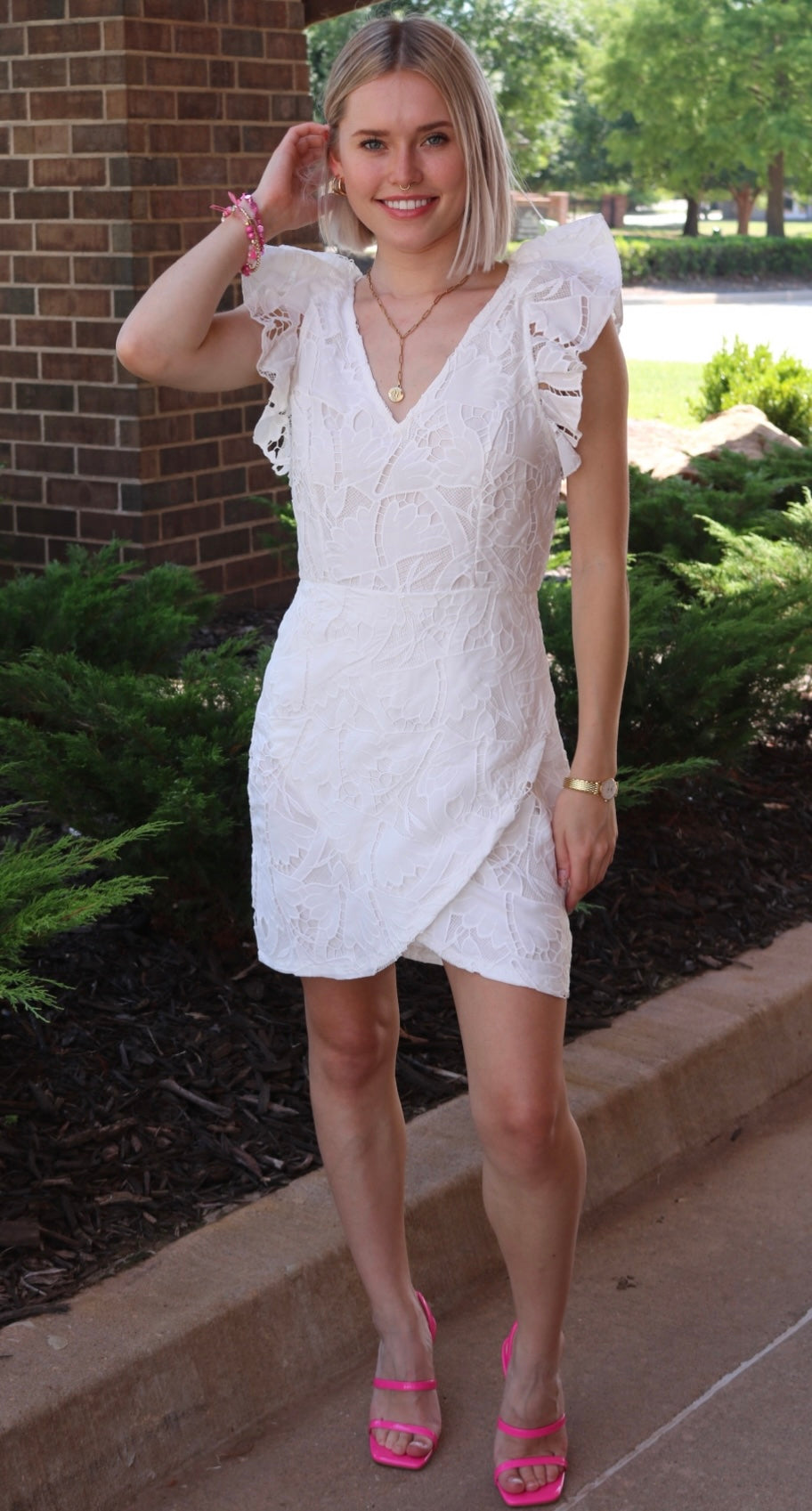FORTUNE Battenburg Tulip Bottom Ruffle Sleeve Dress