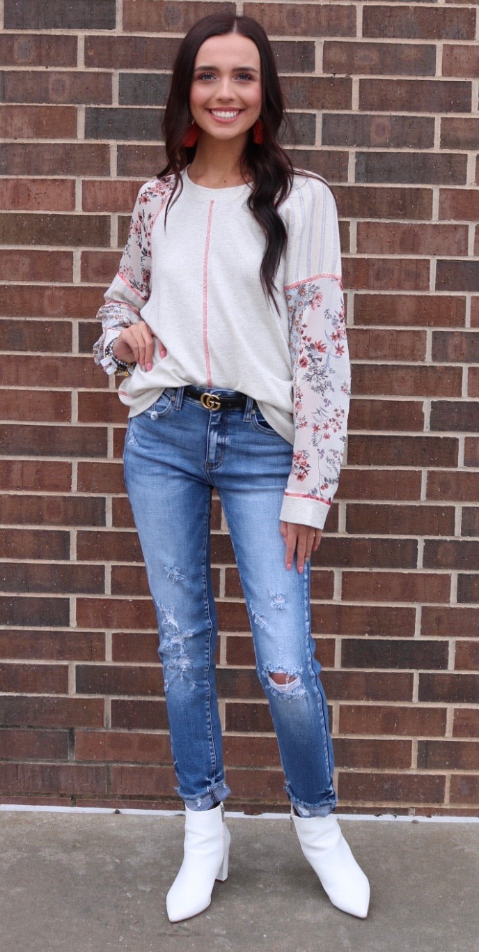 DAYLIGHT PatchSleeve TerryKnit Pullover Top