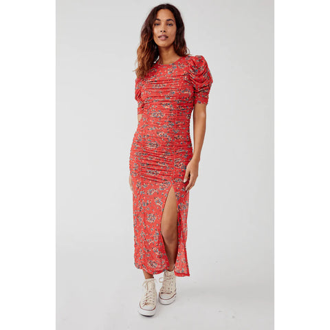 Free People BRIELLA Floral Rouched Mesh Midi Dress