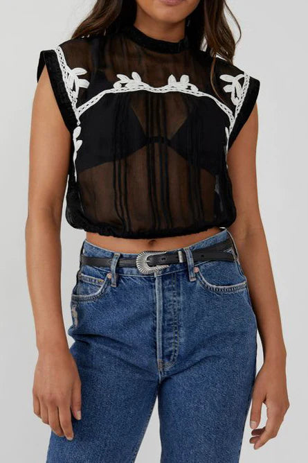 FREE PEOPLE Embroidered Lace VERONIQUE Sheer Top Silver Accents