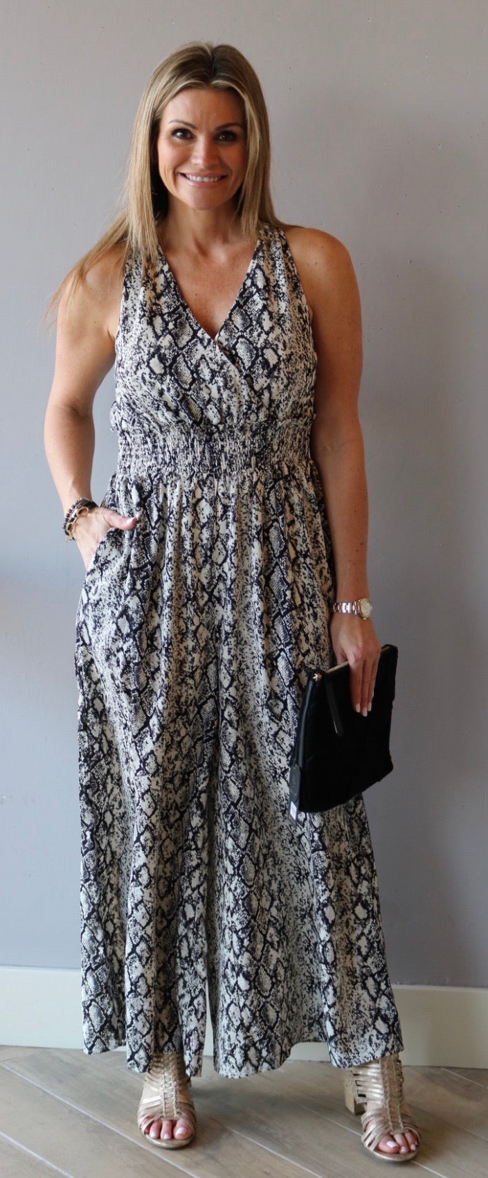 IMPRESSIONS Python  V-Neck Smock Bust WideLeg Jumpsuit