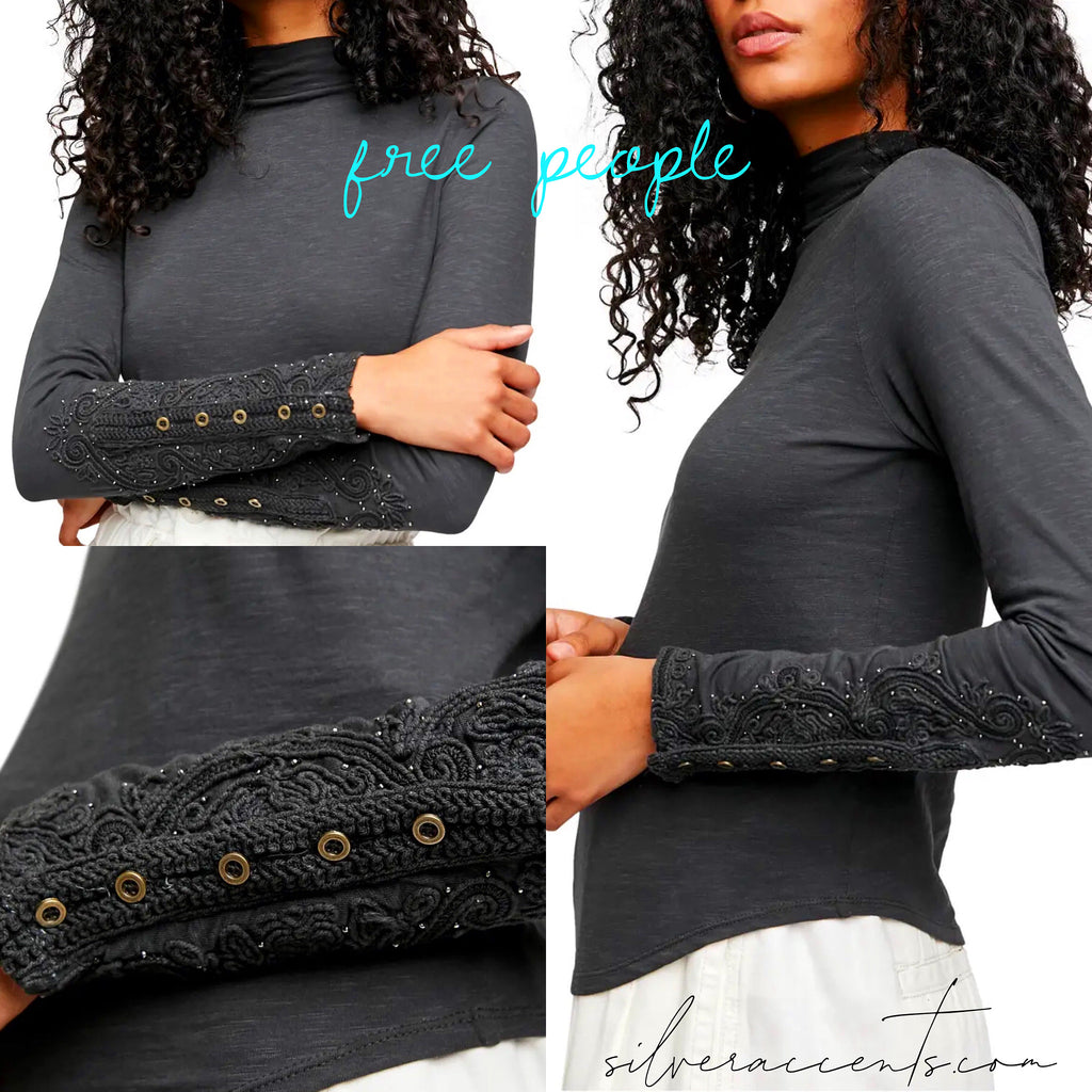 FREE PEOPLE Embroidered HOOKED ON YOU CUFF MockNeck Top