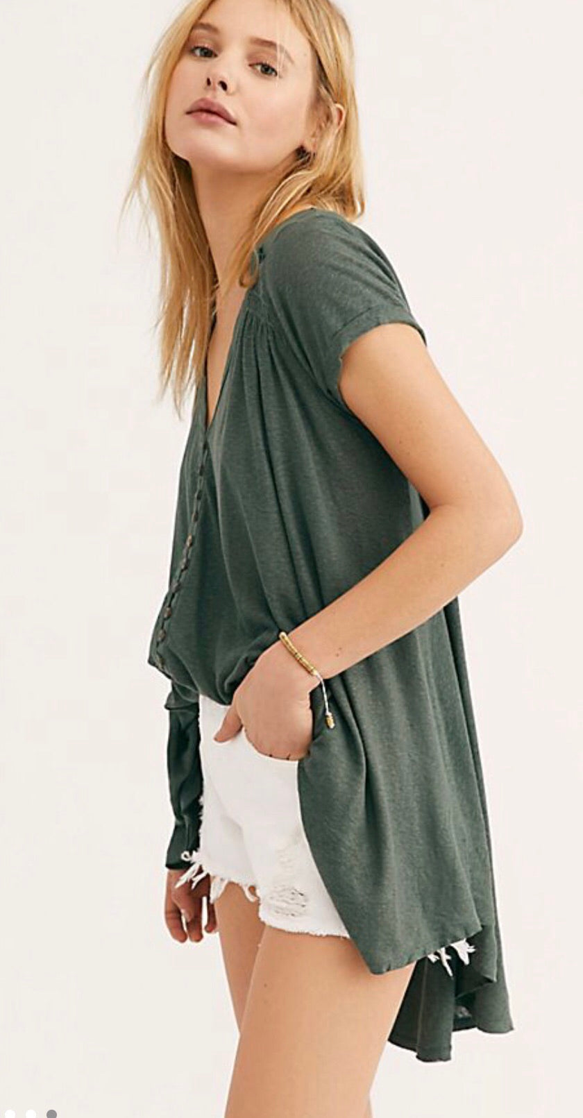 FREE PEOPLE Army HIGHLAND ButtonFront Smocked HiLo Tee Top