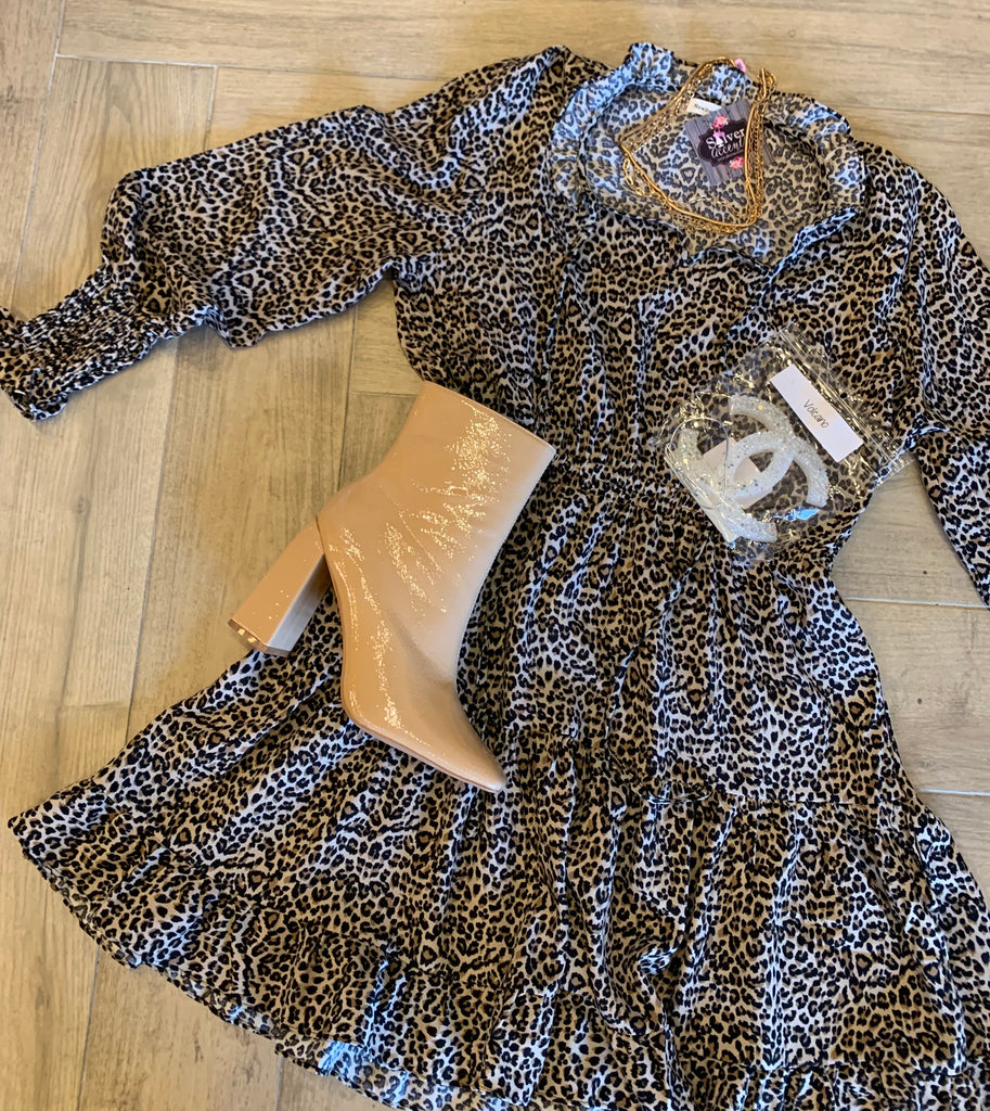 DILLON Leopard V~Neck Tier Ruffle Dress