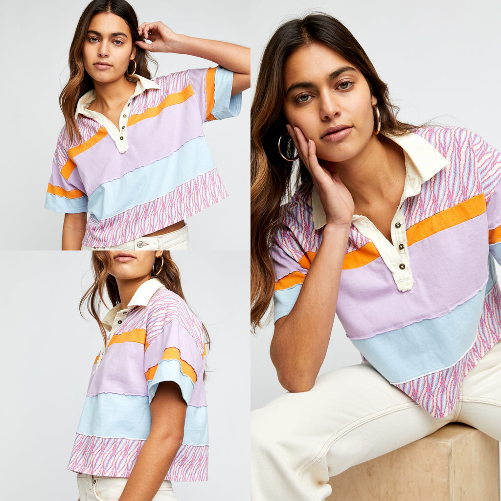 FREE PEOPLE MixPrint BELLA Collar Henley Tee Top