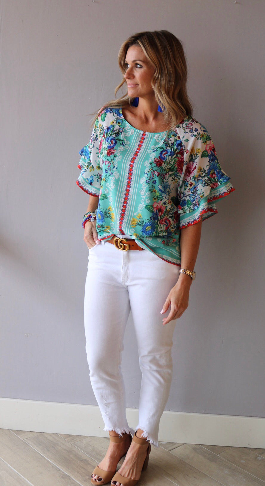MAJESTIC Floral ScarfPrint Ruffle Sleeve Top