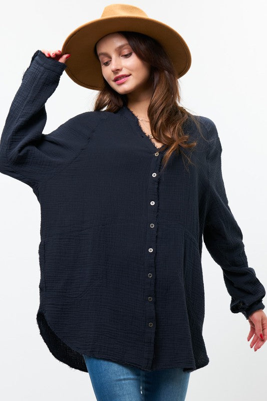 Newbury Kustom INTUITION Gauze ButtonDown FrayHem MandarinCollar Tunic Top