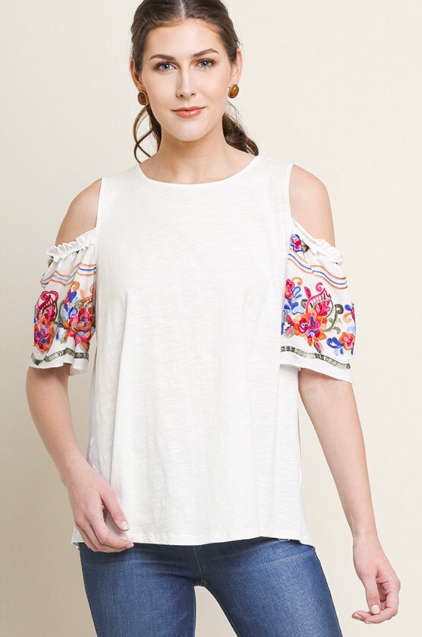 WONDERWALL Embroidered Floral Sleeve Cold Shoulder Knit Top