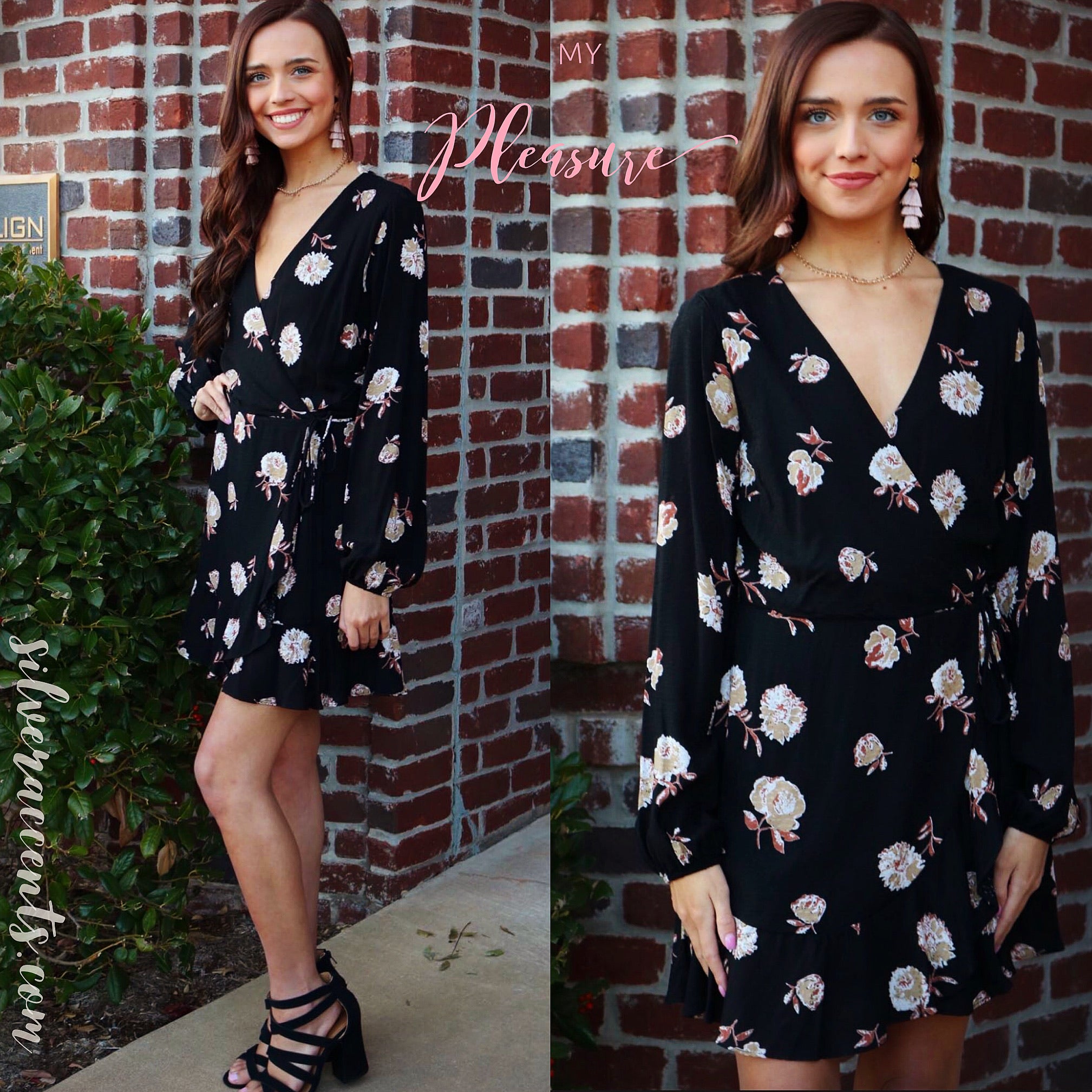 MY PLEASURE Floral CrossOver Wrap a TieWaist Dress