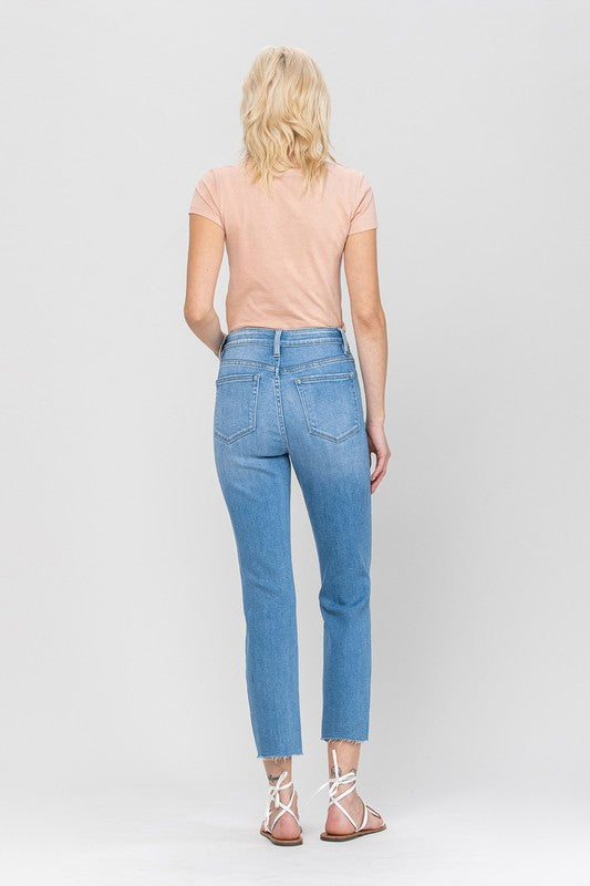 VERVET Hi~Rise JEANNE Stretch Slim Straight Leg Jeans Finished Hem