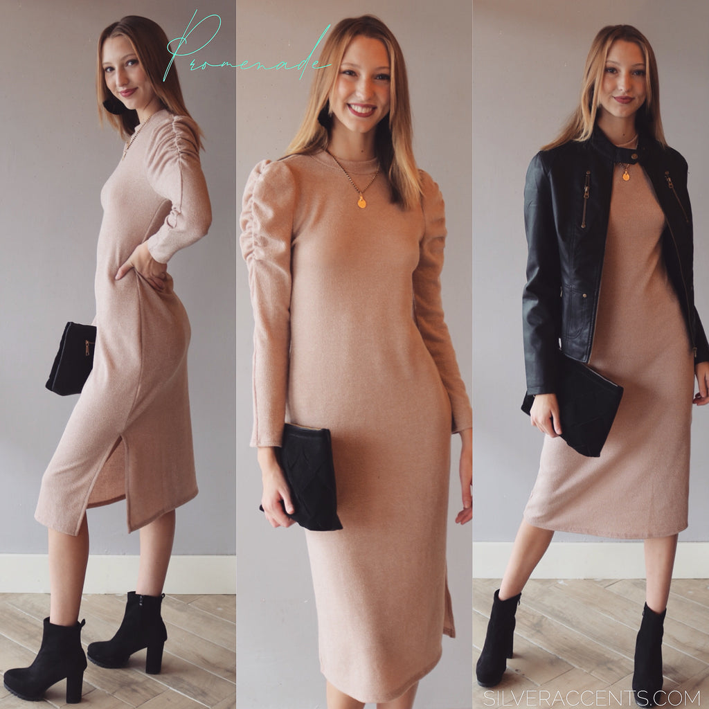 *LUSH PROMENADE Mock Neck RoucheSleeve Midi Dress