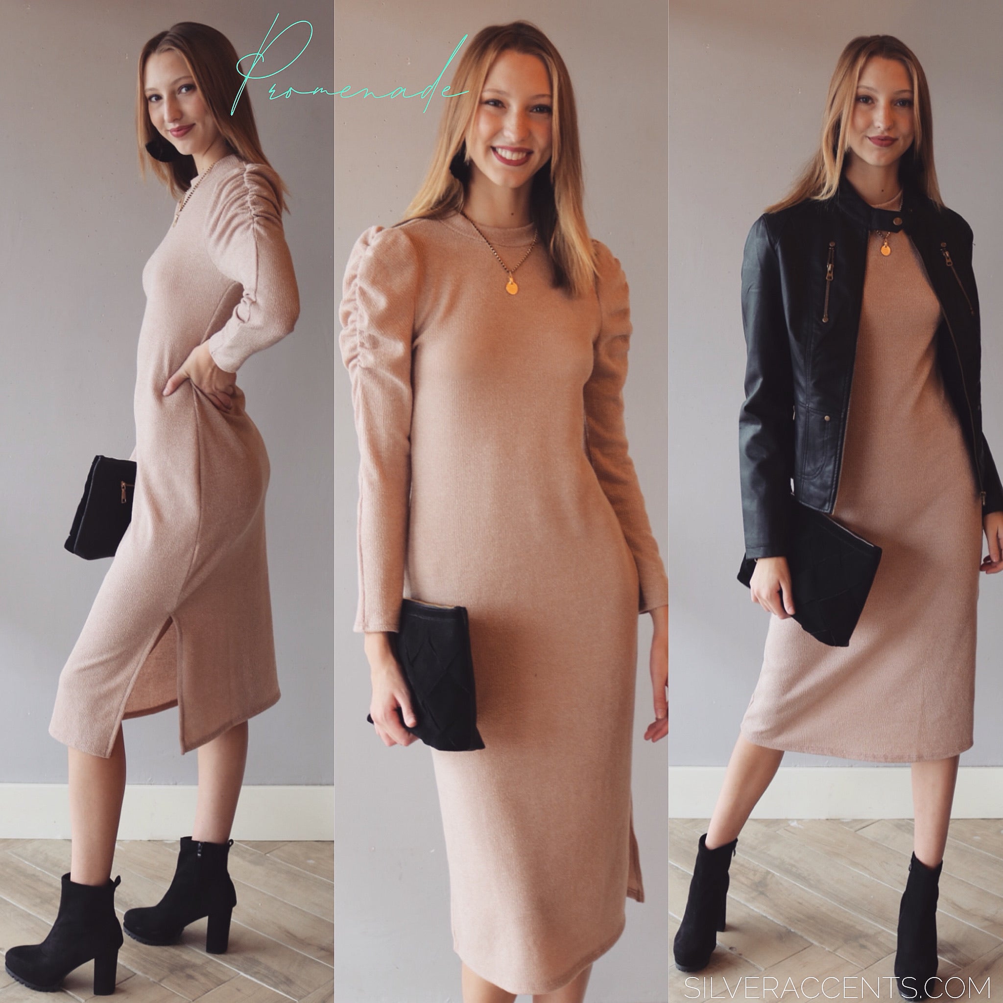 *LUSH PROMENADE Mock Neck RoucheSleeve Midi Dress