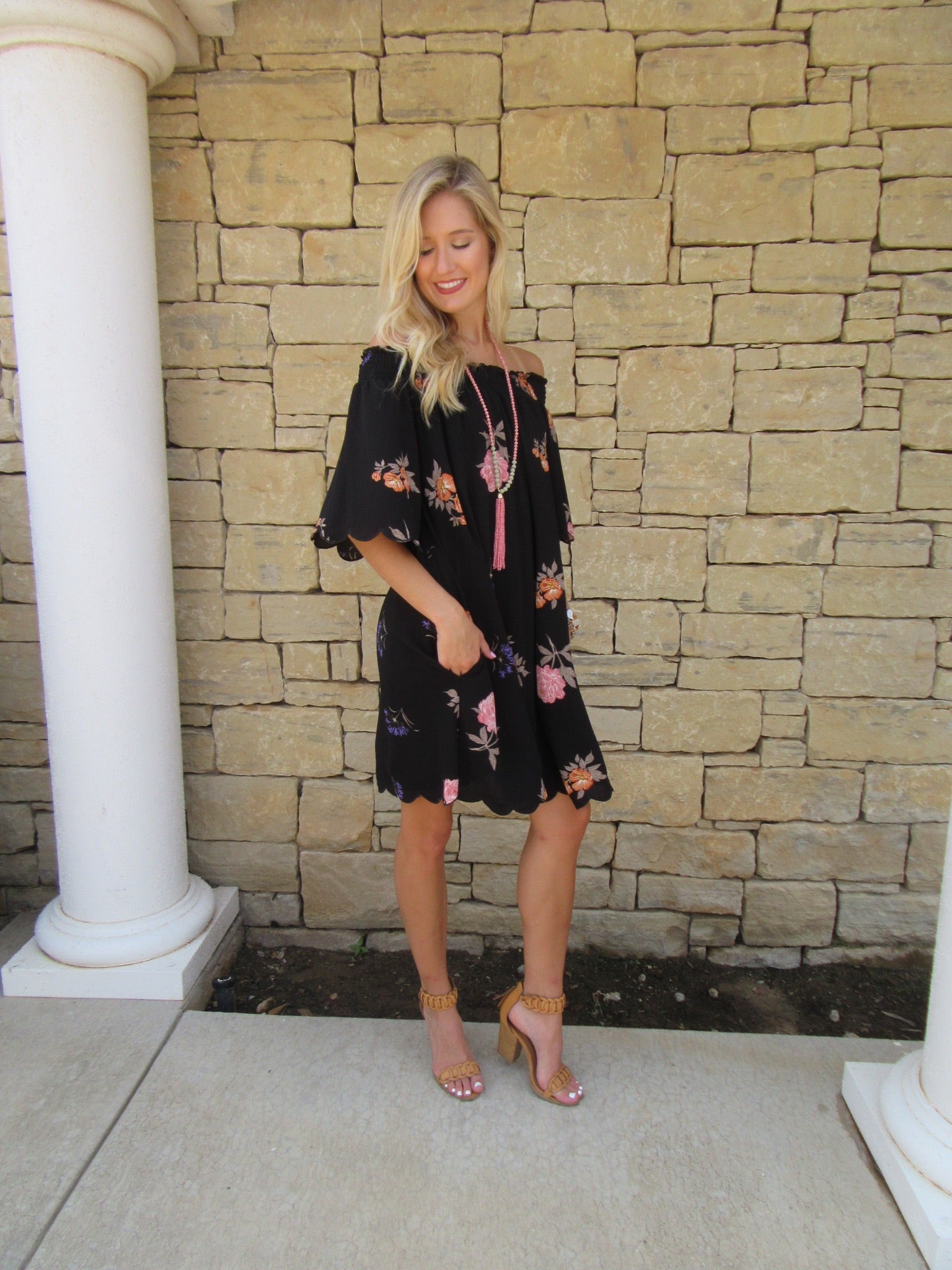 FREMONT Floral OffShoulder ScallopTrim Shift Dress