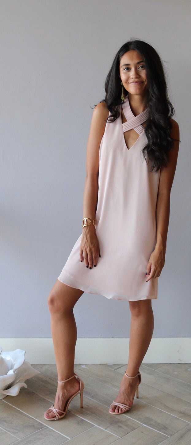 EMPHATIC Pleated CrossNeck Chiffon Shift Dress
